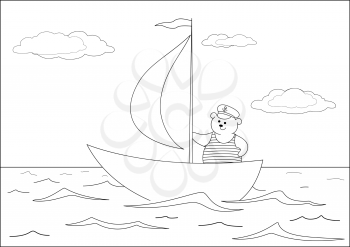 Teddy bear seaman floats on a sailing vessel on the sea, contours.