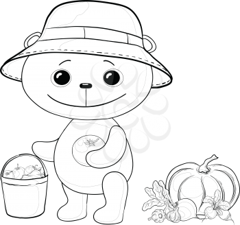 Cartoon teddy bear gardener with a crop of vegetables, contour. Vector