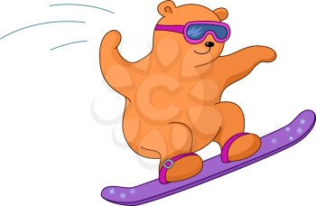 Teddy-bear sportsman goes for a drive on a snowboard. Winter picture