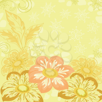 Yellow holiday background with flowers and leaves dahlia. Vector