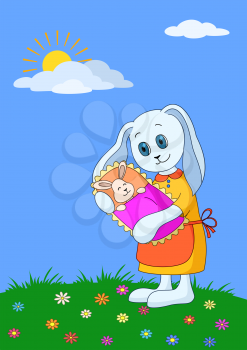 Cartoon Rabbit Mother with Baby in a Flowery Meadow. Vector