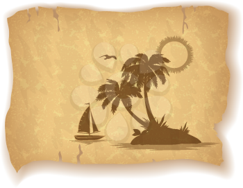 Tropical Landscape, Sea Island with Palm Trees, Ship, Sun and Bird Gull Silhouettes on Vintage Background of an Old Sheet of Paper. Eps10, Contains Transparencies. Vector