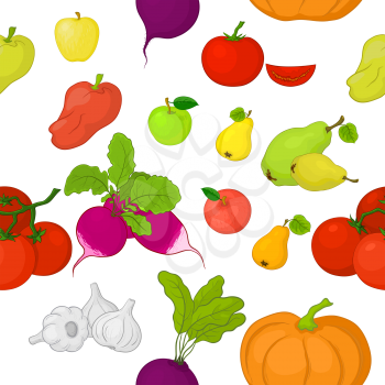 Seamless background, various vegetables and fruits on white. Vector
