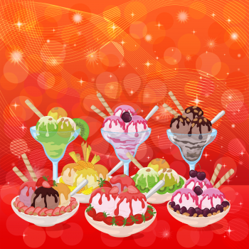 Food, Glasses and Cups with Sundae Ice Cream, Strawberries, Kiwi, Cherries Almond Nuts and Waffles on Abstract Background. Eps10, Contains Transparencies. Vector