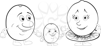 Cartoon, family of character kiwi fruit: mum, father and baby, black contour on white background. Vector illustration