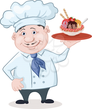 Cartoon Fat Chef Holding a Tray with a Plate of Ice Cream, Strawberries, Almond Nuts and Wafers. Vector