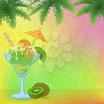 Exotic Food, Glass Goblet with Ice Cream, Waffles, Almonds, Umbrella and Kiwi Fruit on Abstract Background with Palm Trees Branches. Eps10, Contains Transparencies. Vector