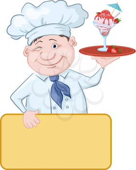 Cartoon Chef with a Blank Poster for the Inscription and Strawberry Ice Cream. Eps10, Contains Transparencies. Vector