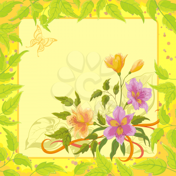Alstroemeria flowers on yellow background with green leaves and butterfly. Vector