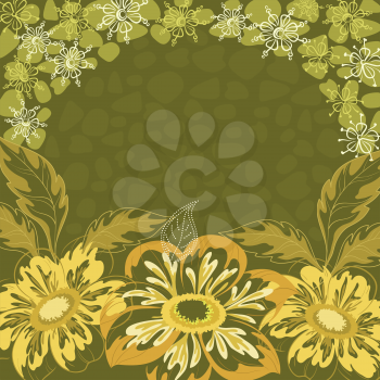 Floral background, dahlia flowers, leaves and contours on green. Vector illustration