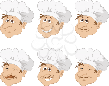 Set cartoon heads chef cooks in a toque blanche caps, funny characters isolated on white background. Vector