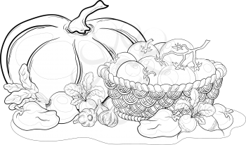 Still life, various vegetables and wattled basket, monochrome contours. Vector