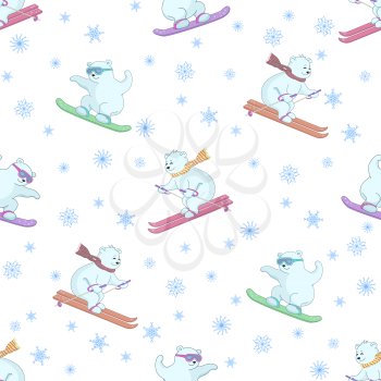 Seamless background, polar teddy bears ski on a snowboard and skis