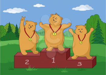 Sports vector cartoon, teddy bears sportsmen stand on a podium in forest