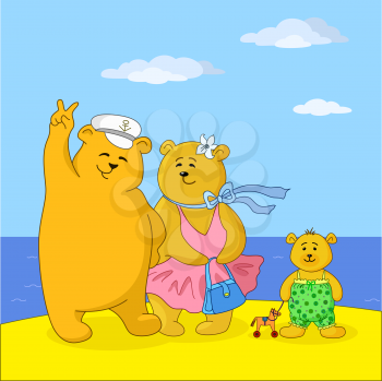 Family of toy teddy bears, mum, father and son on a sea beach