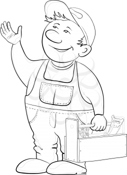 Man worker in a cap and a uniform with a toolbox, vector, contours