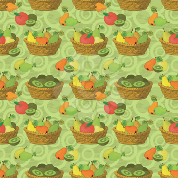 Seamless pattern, wicker baskets and fruits pears, apples and kiwifruits on abstract background. Vector