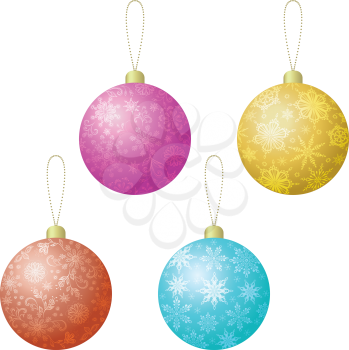 Christmas holiday decoration, set colorful balls with floral pattern and snowflakes. Vector