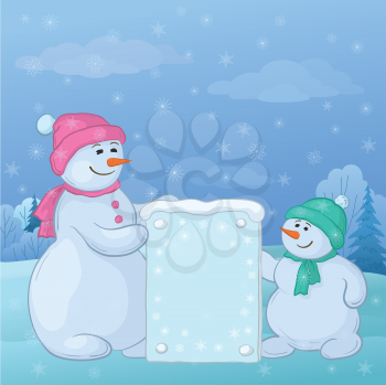Christmas cartoon,  snowman mother and son in the winter forest with a banner for your text. Vector