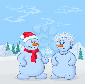 Christmas cartoon, snowmans boy and girl with bouquet of flower snowflakes in winter forest. Vector