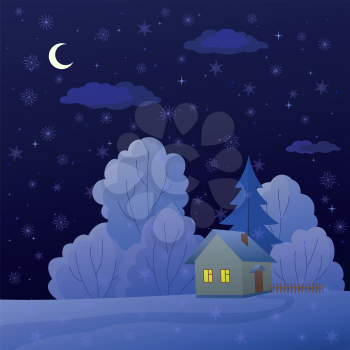 Winter christmas landscape, cartoon country house in night forest. Vector