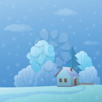 Cartoon winter landscape: country house in forest near to trees. Vector