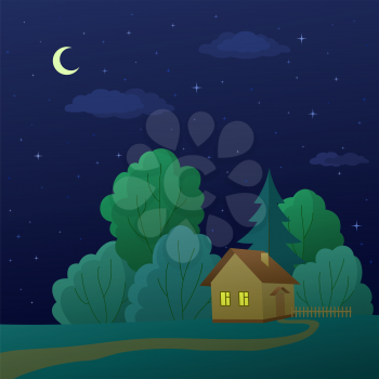 Summer landscape: cartoon country house in night forest. Vector