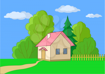 Summer landscape: toy small house on a wood edge. Vector