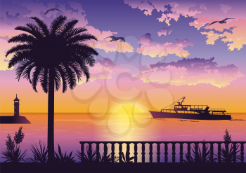 Tropical Landscape, View From the Shore with Fencing, Palm Trees and Plants, Ships and a Lighthouse in the Sea and Seagulls in the Sky with Sun and Clouds. Eps10, Contains Transparencies. Vector