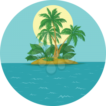 Tropical sea island with palm trees and sun. Vector