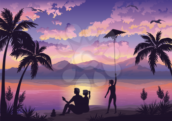 People, Family on Tropical Beach with Palms, Mother and Father Looking at the Landscape and Daughter Launching Kite, Sun, Seagulls and Clouds into the Sky. Eps10, Contains Transparencies. Vector