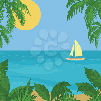 Sailing ship floating in the blue sea, the view from a tropical island. Vector