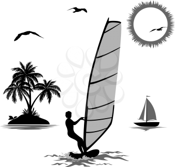 Set of Elements Symbolizing Vacation in the Tropics, Sportsmen Surfer, Island with Palm Trees, Sailboat in the Sea, Sun and Birds, Black and Grey Silhouettes Isolated on White Background. Vector