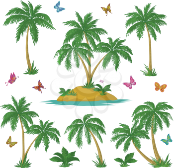 Tropical set: sea island with plants, palm trees, flowers and butterflies. Vector