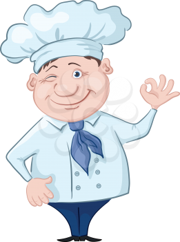 Cartoon cook - chef showing ok hand sign, isolated on white background. Vector
