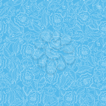 Abstract seamless floral pattern with white outline symbolical flowers on blue background. Vector