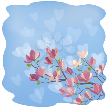 Background for the Valentines Day Holiday, Spring Magnolia Branch with Flowers Against The Blue Sky and White Hearts Silhouettes. Eps10, Contains Transparencies. Vector