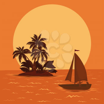 Sailing boat with a people floating in the tropical sea against the backdrop of the island with palm and sun. Vector