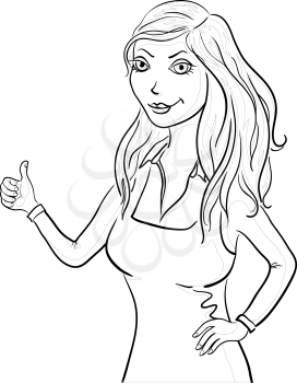 Beautiful girl shows thumb, monochrome contours on white background. Vector