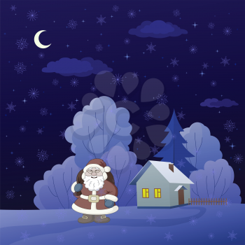 Christmas cartoon: Santa Claus on a snowy winter forest glade with house. Vector
