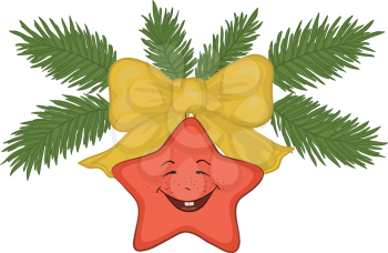Christmas decoration: red star - smiley, yellow bow and green fir branches. Vector