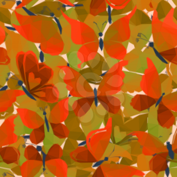 Pattern of Red and Green Butterflies with Opened Wings, Low Poly Colorful Polygonal Background. Vector