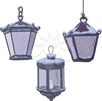 Set vintage street non-luminous lanterns with extinct candles, covered with snow. Vector
