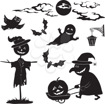 Halloween cartoon, set black silhouette on white background: witch and pumpkin in trolley, ghost, owl, bat, scarecrow, lantern, moon and clouds