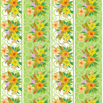 Seamless Floral Background, Lily Flowers, Stripes and Circles. Vector