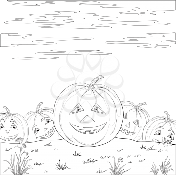 Symbol of a holiday of Halloween: a pumpkins Jack O Lantern army, black contours isolated on white background. Vector