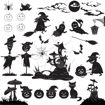 Halloween holiday cartoon, set of objects, animals and characters: pumpkins, witch, voodoo castle of grebes mushrooms and more. Black silhouettes on white background. Vector