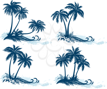 Set Tropical Landscapes, Palm Trees, Flowers and Grass Silhouettes and Sea Waves, Isolated on White Background. Vector