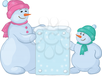 Snowman mother and son with a banner for your text. Vector