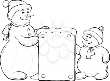 Snowman mother and son with a banner for your text, contours. Vector